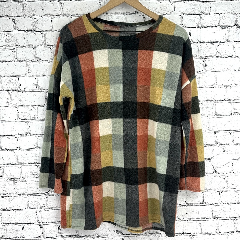 🏷️ BOMBOM Plaid Checkerboard Patchwork Roundneck Long Sleeve Sweater L Multi